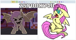 Size: 515x276 | Tagged: safe, derpibooru import, fluttershy, bat pony, pony, derpibooru, exploitable meme, flutterbat, juxtaposition, juxtaposition win, meme, meta, scared, sitting, text