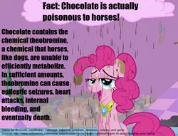 Size: 936x714 | Tagged: safe, derpibooru import, screencap, pinkie pie, earth pony, pony, the return of harmony, buzzkill, chaos, chocolate, chocolate rain, cloud, cotton candy, cotton candy cloud, discorded landscape, drinking, element of laughter, fact, female, food, mare, open mouth, purple sky, rain, solo