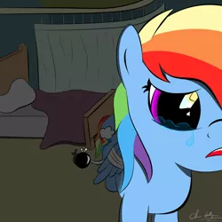 Size: 1024x1024 | Tagged: artist:chrispy248, bed, close-up, crying, dark, derpibooru import, fisheye lens, hospital, injured, injured wing, rainbow dash, safe, solo