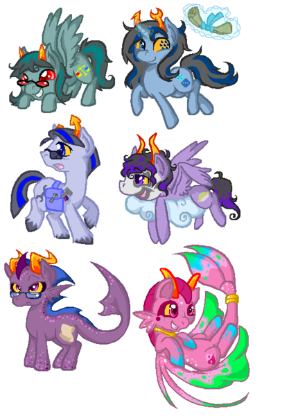 Size: 563x762 | Tagged: safe, artist:paintsplatter, derpibooru import, ponified, earth pony, merpony, pegasus, pony, unicorn, cloud, equius zahhak, eridan ampora, feferi peixes, gamzee makara, homestuck, magic, saddle bag, scroll, telekinesis, terezi pyrope, tools, trolls, vriska serket