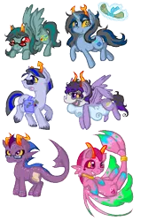 Size: 563x762 | Tagged: safe, artist:paintsplatter, derpibooru import, ponified, earth pony, merpony, pegasus, pony, unicorn, cloud, equius zahhak, eridan ampora, feferi peixes, gamzee makara, homestuck, magic, saddle bag, scroll, telekinesis, terezi pyrope, tools, trolls, vriska serket