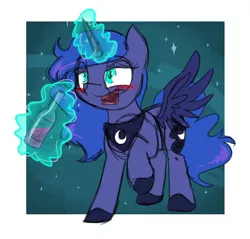 Size: 1002x958 | Tagged: safe, artist:estrill, derpibooru import, princess luna, alicorn, pony, alcohol, blushing, drunk, drunk luna, female, levitation, magic, mare, solo, telekinesis