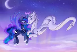 Size: 1600x1074 | Tagged: safe, artist:magnaluna, derpibooru import, princess luna, oc, oc:zefiroth, dragon, boop, canon x oc, crescent moon, ethereal wings, night, noseboop, shipping, spirited away, stars