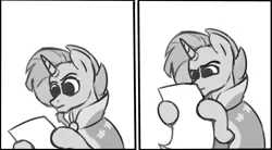 Size: 2701x1486 | Tagged: safe, artist:rivibaes, derpibooru import, sunburst, ponified, pony, unicorn, black and white, confused, edgar allan poe, frown, glare, grayscale, hark a vagrant, hoof hold, male, monochrome, reaction image, reading, scroll, simple background, solo, stallion, what the fuck am i reading, white background