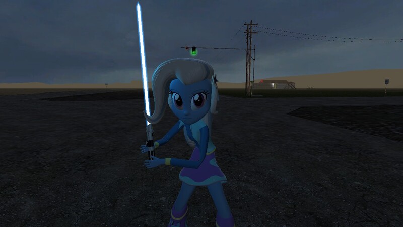 Size: 1280x720 | Tagged: safe, artist:creatorofpony, derpibooru import, trixie, equestria girls, 3d, gmod, lightsaber, road, star wars, traffic light, weapon