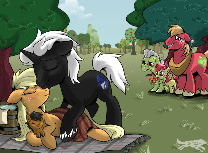 Size: 3734x2750 | Tagged: safe, artist:lostinthetrees, derpibooru import, apple bloom, applejack, big macintosh, granny smith, oc, oc:ben herrin, pony, aunt, baby, baby pony, canon x oc, crying, great grandmother, jackherrin, liquid pride, newborn, offspring, parent:applejack, parent:oc:ben herrin, parents:canon x oc, parents:jackherrin, shipping, tears of joy, uncle