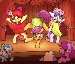 Size: 2000x1700 | Tagged: safe, artist:ratiodaze, derpibooru import, apple bloom, berry punch, berryshine, dinky hooves, lyra heartstrings, scootaloo, sweetie belle, pony, apple, balancing, banana, bipedal, blushing, clothes, costume, cutie mark crusaders, drunk, drunk bubbles, durian, ear fluff, food, grin, handstand, open mouth, play, popcorn, smiling, stage