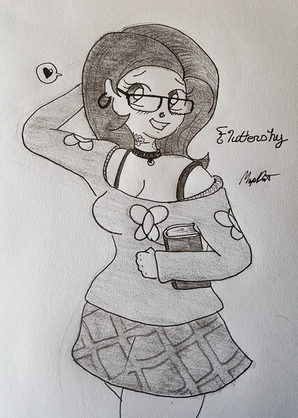 Size: 2946x4129 | Tagged: alternate costumes, artist:missmayaleanne, bite mark, book, clothes, collar, derpibooru import, ear piercing, fluttershy, glasses, grayscale, heart, human, humanized, looking at you, monochrome, nose piercing, piercing, plaid, safe, skirt, smiling, solo, sweater, sweatershy, tattoo, traditional art