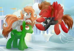 Size: 1800x1250 | Tagged: safe, artist:redheadfly, derpibooru import, oc, oc:green screen, oc:lucky fly, oc:slide fortissimo, unofficial characters only, pegasus, pony, cloudsdale, cute