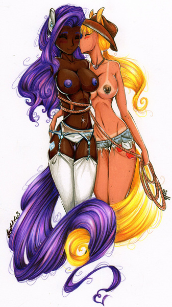 Size: 1570x2793 | Tagged: questionable, artist:divinekitten, derpibooru import, applejack, rarity, human, breasts, busty applejack, busty rarity, cameltoe, clothes, dark skin, eared humanization, female, humanized, lesbian, nipple piercing, nipples, nudity, piercing, rarijack, shipping, tailed humanization, tan lines, topless, traditional art