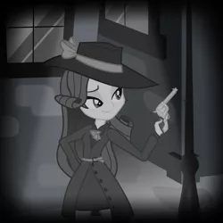 Size: 2500x2500 | Tagged: safe, artist:darthlena, derpibooru import, rarity, equestria girls, rarity investigates, clothes, detective, dress, fedora, gun, handgun, hat, lidded eyes, noir, revolver, smiling, weapon