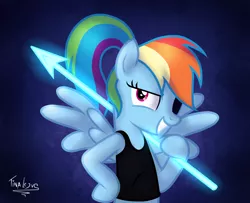 Size: 1600x1300 | Tagged: artist:tina-de-love, clothes, crossover, derpibooru import, ponytail, rainbow dash, rainbowdyne, safe, solo, spear, undertale, undyne, weapon