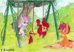 Size: 3437x2436 | Tagged: apple bloom, artist:raiwee, cutie mark crusaders, derpibooru import, frustrated, lidded eyes, safe, scootaloo, sweetie belle, swing, traditional art, trio