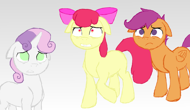 Size: 2000x1160 | Tagged: apple bloom, artist:x-bond-of-flame-x, cutie mark crusaders, derpibooru import, floppy ears, missing cutie mark, on your marks, safe, scene interpretation, scootaloo, simple background, sketch, sweetie belle