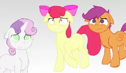 Size: 2000x1160 | Tagged: apple bloom, artist:x-bond-of-flame-x, cutie mark crusaders, derpibooru import, floppy ears, missing cutie mark, on your marks, safe, scene interpretation, scootaloo, simple background, sketch, sweetie belle