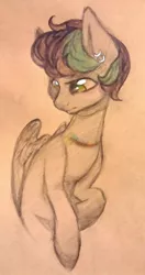 Size: 625x1184 | Tagged: safe, artist:hippykat13, derpibooru import, oc, oc:kitty sweet, unofficial characters only, pegasus, pony, bruised, ear piercing, earring, edgy, jewelry, looking down, piercing, ponysona, scar, short hair, sketch, solo, traditional art