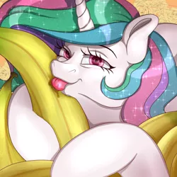Size: 3000x3000 | Tagged: suggestive, artist:askamberfawn, derpibooru import, princess celestia, banana, bananalestia, bedroom eyes, cute, female, food, funny, licking, not porn, sexy, solo, sparkles, tongue out