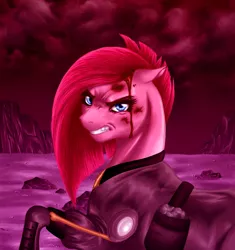 Size: 1184x1262 | Tagged: semi-grimdark, artist:silverwolf866, derpibooru import, pinkie pie, earth pony, pony, the cutie re-mark, alternate timeline, apinkalypse pie, armor, bleeding, blood, bruised, crystal war timeline, female, floppy ears, frown, glare, gritted teeth, injured, looking at you, mare, pinkamena diane pie, raised hoof, rock, soldier, solo