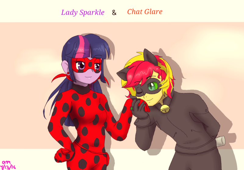 Size: 800x559 | Tagged: safe, artist:fallenangel5414, derpibooru import, sunset shimmer, twilight sparkle, equestria girls, chat noir, ear piercing, earring, equestria guys, female, half r63 shipping, hilarious in hindsight, jewelry, ladynoir, male, miraculous ladybug, piercing, ring, rule 63, shipping, straight, sunset glare, sunsetsparkle, twiglare