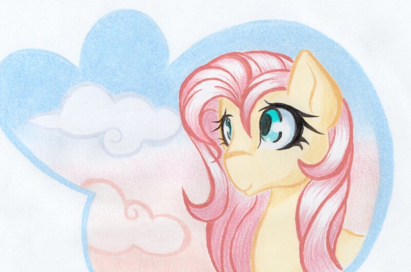 Size: 1024x677 | Tagged: artist:emberslament, derpibooru import, fluttershy, safe, sky, solo, traditional art