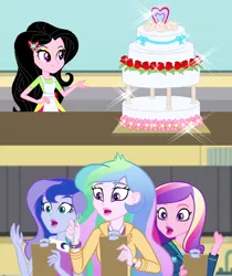 Size: 640x761 | Tagged: safe, artist:karalovely, derpibooru import, edit, princess cadance, princess celestia, princess luna, oc, oc:kara lovely, acadeca, equestria girls, friendship games, apron, cake, clothes, dean cadance, female, food, open mouth, principal celestia, royal sisters, sisters, vice principal luna