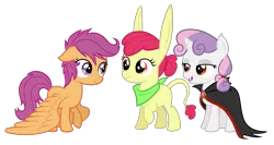 Size: 4752x2520 | Tagged: safe, artist:thecheeseburger, derpibooru import, apple bloom, scootaloo, sweetie belle, donkey, earth pony, pegasus, pony, unicorn, vampire, vampony, absurd resolution, alternate universe, bandana, cape, clothes, confused, cutie mark crusaders, fangs, female, filly, frown, group, large wings, lidded eyes, messy mane, open mouth, race swap, raised hoof, red eyes, simple background, smiling, smirk, species swap, transparent background, trio, vector, wide eyes, wings