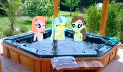 Size: 928x549 | Tagged: safe, artist:karalovely, derpibooru import, oc, oc:honey bear, oc:julie bright, oc:manny brown, unofficial characters only, equestria girls, hot tub, towel