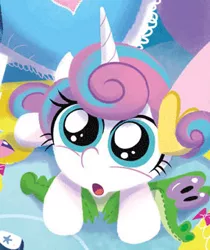 Size: 285x339 | Tagged: artist:amy mebberson, cute, derpibooru import, faic, flurrybetes, good night baby flurry heart, gummy, looking at you, :o, open mouth, plushie, princess flurry heart, safe, solo, wide eyes
