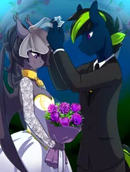 Size: 1600x2100 | Tagged: safe, artist:spazzykoneko, derpibooru import, oc, oc:wallflower, oc:zanith, unofficial characters only, anthro, bat pony, earth pony, bouquet, breasts, cleavage, clothes, collar, dress, female, flower, hair bun, implied bondage, lock, male, marriage, padlock, padlocked collar, straight, veil, wedding, wedding dress, wings, zanwer