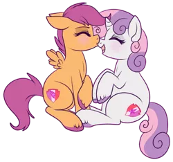 Size: 522x489 | Tagged: artist:lulubell, blushing, cutie mark, derpibooru import, female, kissing, lesbian, nose kiss, safe, scootabelle, scootaloo, shipping, simple background, source needed, sweetie belle, the cmc's cutie marks, transparent background, unshorn fetlocks