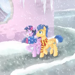 Size: 1200x1200 | Tagged: safe, artist:0biter, derpibooru import, flash sentry, twilight sparkle, twilight sparkle (alicorn), alicorn, pony, breath, canterlot, clothes, cold, female, flashlight, male, mare, scarf, shipping, snow, snowfall, store, straight, window, winter