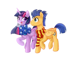 Size: 889x713 | Tagged: safe, artist:0biter, derpibooru import, flash sentry, twilight sparkle, twilight sparkle (alicorn), alicorn, pony, breath, clothes, cold, female, flashlight, looking at each other, male, mare, raised hoof, scarf, shipping, simple background, straight, transparent background, winter