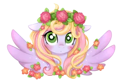 Size: 1460x1000 | Tagged: safe, artist:0biter, derpibooru import, oc, oc:rosely, unofficial characters only, blushing, cute, floppy ears, floral head wreath, looking at you, ocbetes, solo