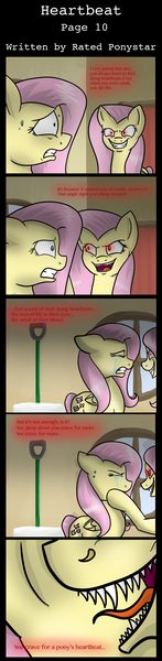 Size: 1078x4414 | Tagged: semi-grimdark, artist:meownimator, derpibooru import, fluttershy, pegasus, pony, comic:heartbeat, comic, duality, fangs, mirror, red eyes, shed, shovel