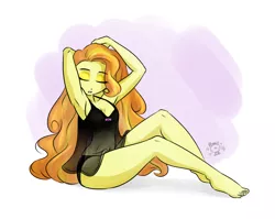 Size: 1280x1018 | Tagged: suggestive, artist:ponut_joe, derpibooru import, adagio dazzle, equestria girls, armpits, barefoot, bow, clothes, eyes closed, feet, female, leg focus, lingerie, long hair, loose hair, nightgown, see-through, sexy, simple background, sitting, solo, solo female, stupid sexy adagio dazzle, thighs, white background