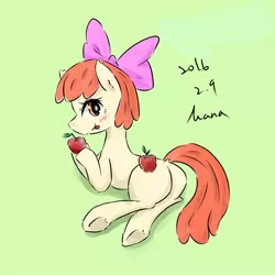 Size: 1000x1000 | Tagged: safe, artist:kanaowo, derpibooru import, apple bloom, earth pony, pony, :p, apple, bloom butt, blushing, bow, butt, dock, drool, female, filly, foal, food, fruit, green background, hair bow, licking, licking lips, looking at you, looking back, looking back at you, plot, shadow, signature, simple background, smiling, smiling at you, solo, tongue out