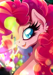 Size: 1358x1920 | Tagged: safe, artist:rariedash, derpibooru import, part of a set, pinkie pie, earth pony, pony, bust, colored pupils, ear fluff, female, looking at you, mare, open mouth, portrait, smiling, solo