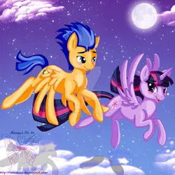 Size: 1024x1024 | Tagged: safe, artist:satoshix1, derpibooru import, flash sentry, twilight sparkle, twilight sparkle (alicorn), alicorn, pony, blushing, female, first flight, flashlight, flight, flying, male, mare, moon, night, shipping, smiling, straight, watermark