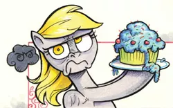 Size: 722x450 | Tagged: safe, artist:andypriceart, derpibooru import, derpy hooves, pegasus, pony, spoiler:comic, spoiler:comic41, cupcake, dreary, female, food, grumpy, mare, solo
