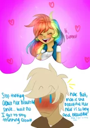 Size: 2000x2824 | Tagged: safe, artist:artistcoolpony, derpibooru import, dumbbell, rainbow dash, human, blushing, dumbdash, female, humanized, male, shipping, straight