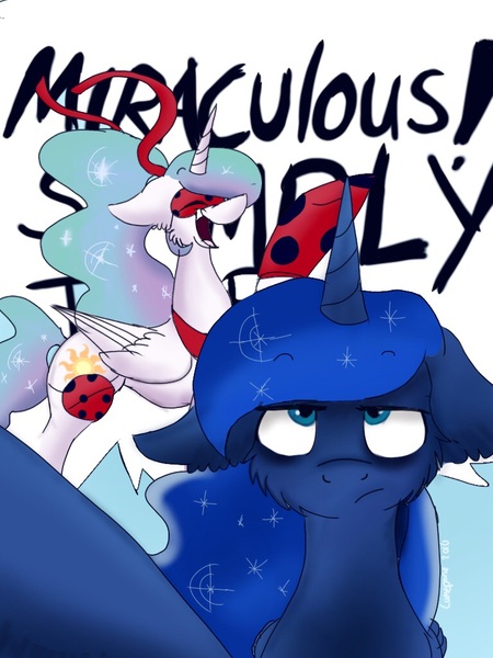 Size: 768x1024 | Tagged: artist:lumepone, clothes, cosplay, costume, derpibooru import, eyeroll, floppy ears, fluffy, miraculous ladybug, princess celestia, princess luna, safe