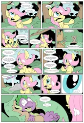 Size: 2899x4224 | Tagged: artist:jittery-the-dragon, bird, bird poop, comic, comic:lesbian horse police, dead source, derpibooru import, descriptive noise, filly fluttershy, fluttershy, gun, poop, safe, spike, squirrel, vulgar, weapon