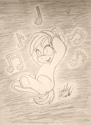 Size: 806x1101 | Tagged: artist:fuzon-s, buttonbetes, button mash, cute, derpibooru import, happy, hatless, headphones, missing accessory, monochrome, music notes, safe, sketch, solo, style emulation, traditional art, underhoof, yuji uekawa style