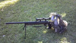 Size: 960x540 | Tagged: artist needed, safe, derpibooru import, derpy hooves, pegasus, pony, female, ghillie suit, grass, gun, irl, mare, photo, plushie, rifle, weapon