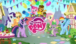 Size: 1024x600 | Tagged: safe, derpibooru import, screencap, applejack, cheese sandwich, fluttershy, pinkie pie, rainbow dash, rarity, spike, twilight sparkle, twilight sparkle (alicorn), alicorn, pony, balloon, crown, female, game, gameloft, loading screen, looking at you, mane seven, mane six, mare, my little pony logo