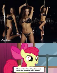 Size: 1600x2028 | Tagged: apple bloom, armpits, breasts, cleavage, derpibooru import, edit, edited screencap, female, human, human exhibitionism, irl, irl human, obligatory pony, on your marks, photo, screencap, stripper, stripper pole, suggestive, this will end in jail time, this will end in tears, we are going to hell