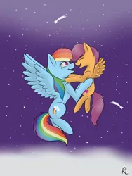 Size: 1024x1365 | Tagged: safe, artist:rainbowline001, derpibooru import, rainbow dash, scootaloo, pony, cute, cutealoo, cutie mark, dashabetes, female, filly, holding a pony, night, scootalove, stars, the cmc's cutie marks