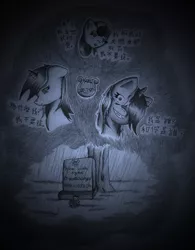 Size: 2306x2958 | Tagged: artist:vennyr, bon bon, chinese text, derpibooru import, gravestone, implied death, lyra heartstrings, monochrome, safe, sweetie drops