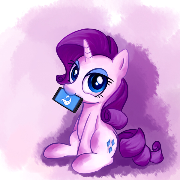 Size: 1600x1600 | Tagged: safe, artist:deliciousblackink, derpibooru import, rarity, derpibooru, bedroom eyes, colored pupils, cutie mark, derpibooru logo, ipone, looking at you, meta, mouth hold, nom, phone, sitting, smartphone, smiling, solo, style emulation