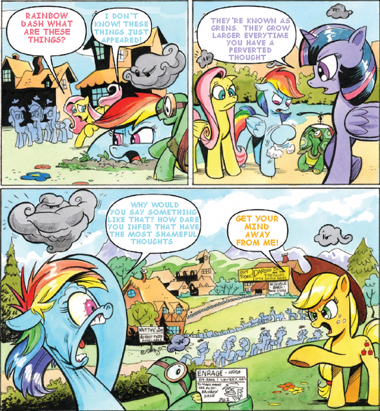 Size: 570x616 | Tagged: suggestive, artist:andypriceart, derpibooru import, edit, idw, applejack, fluttershy, rainbow dash, tank, twilight sparkle, twilight sparkle (alicorn), alicorn, pony, comic, female, mare, text edit